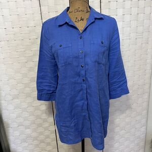 Chicos‎ Royal Blue 100% Linen Button Down No Iron Shirt Blouse Size 1 (US 8-12)